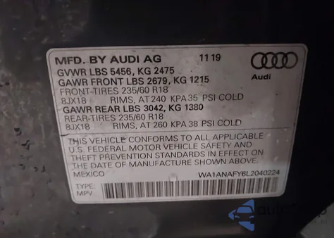 2020 Audi Q5 Premium 45 Tfsi Quattro S Tronic/Titanium Premium 45 Tfsi Quattro S Tronic from USA, damaged, VIN WA1ANAFY6L2040224